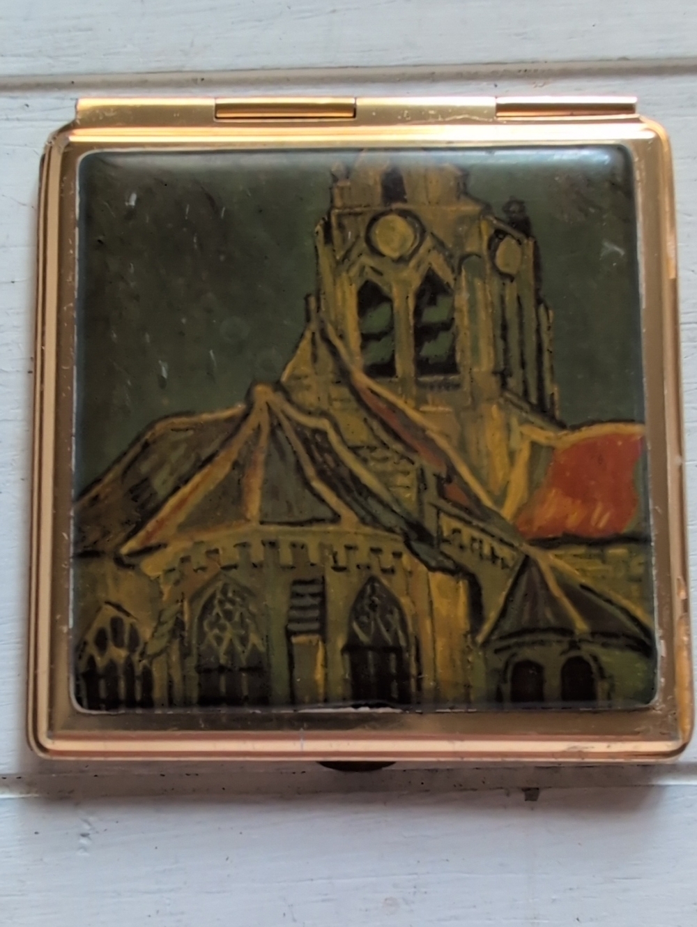 Vintage Compact Reproduction of Vincent Van Gogh Auvers-sur-Oise Gold Tone 2.75"